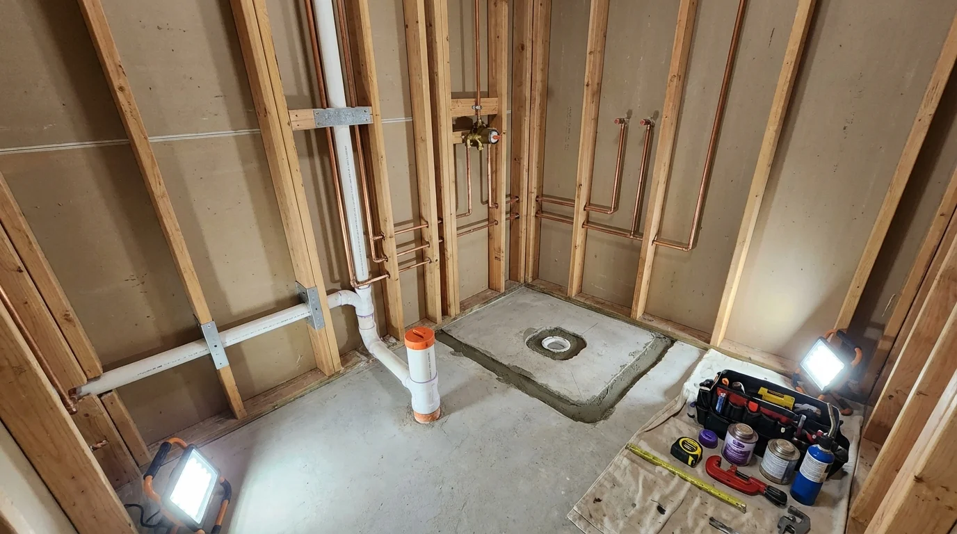 Bathroom rough-in plumbing during remodel by Johns Plumbing LLC in Blue Point