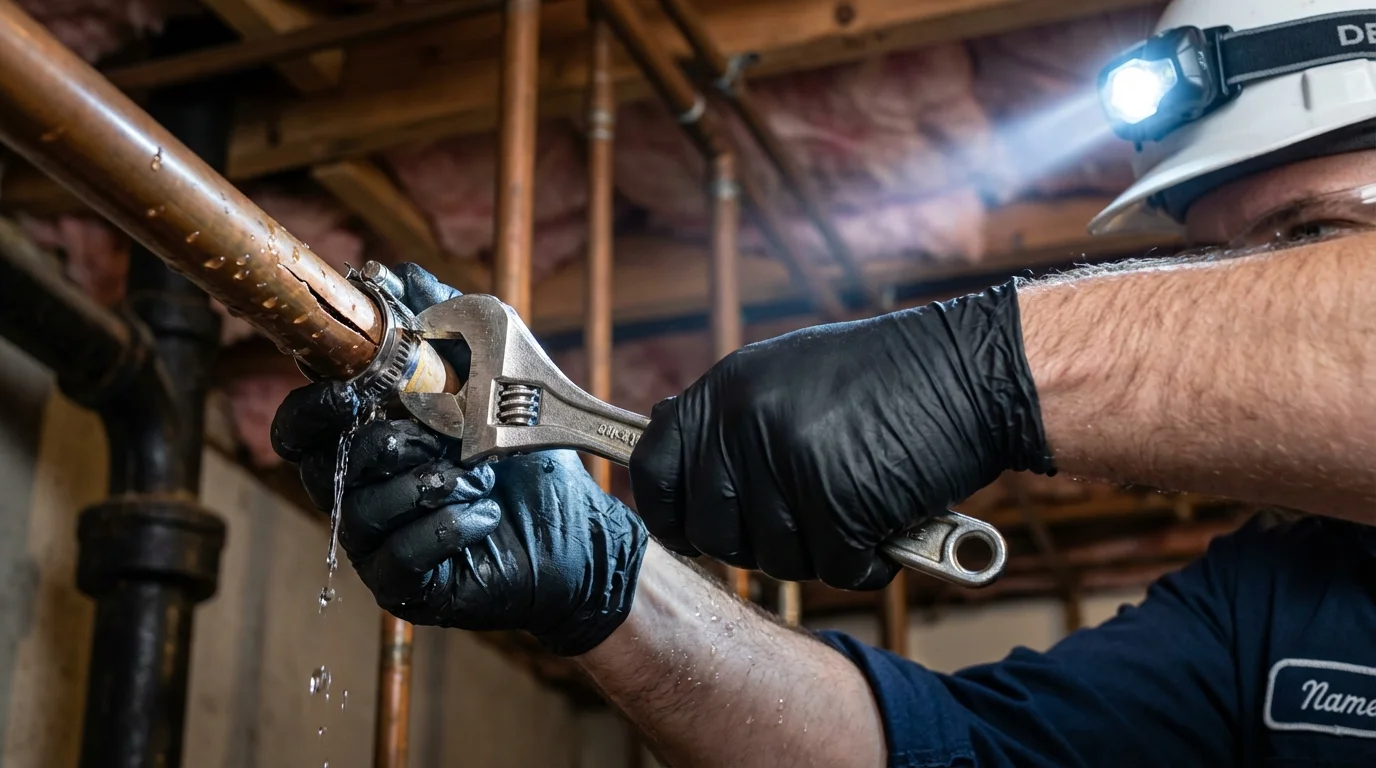 Emergency pipe clamp repair being performed by a Johns Plumbing LLC plumber in Blue Point