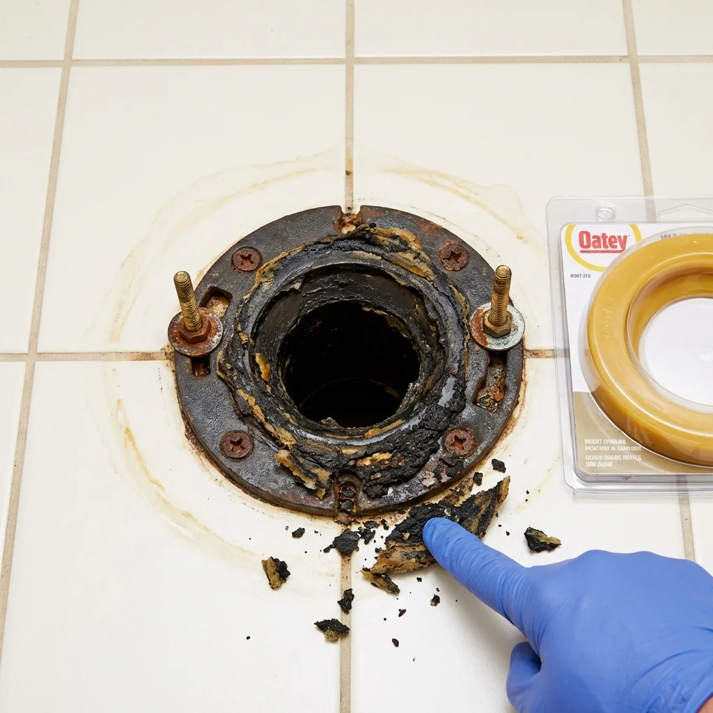Failed wax ring showing water seepage at the base of a toilet in a Blue Point, NY home