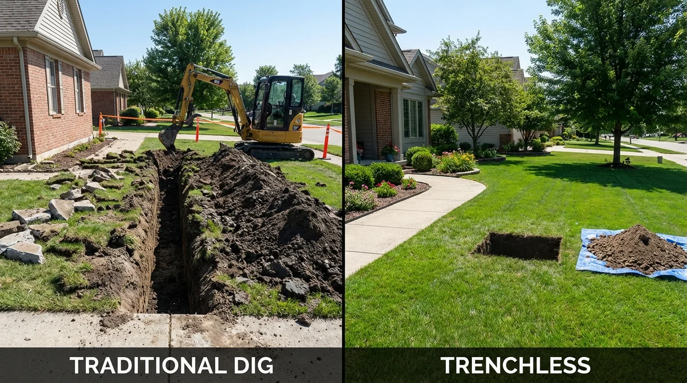 Trenchless sewer repair with minimal yard damage versus traditional excavation in Blue Point, NY